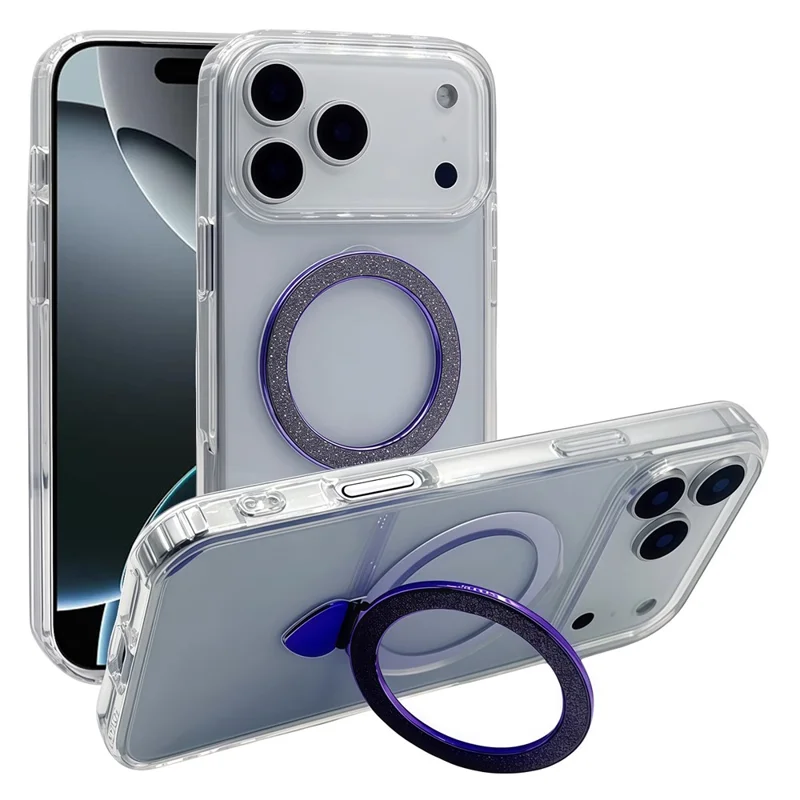 For iPhone 17 Pro Case TPU + Acrylic Clear Phone Cover with Glitter Ring Kickstand - Purple