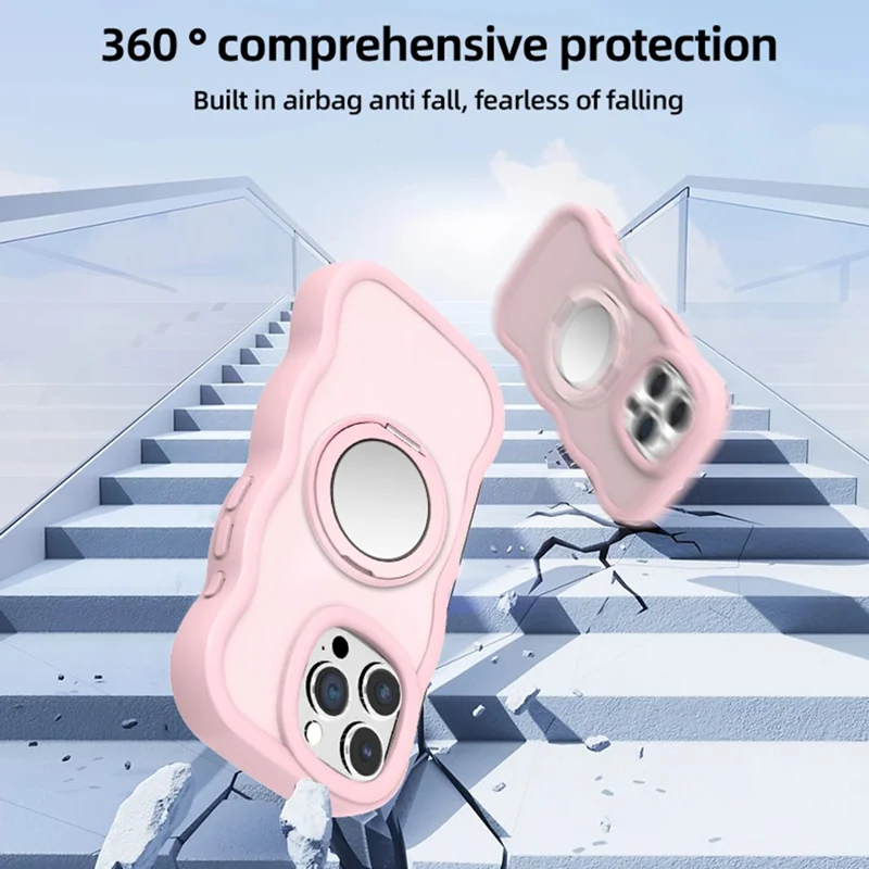 For iPhone 16 Pro Magnetic Case Wave Edge TPU + Acrylic Phone Cover with Mirror Kickstand - Pink