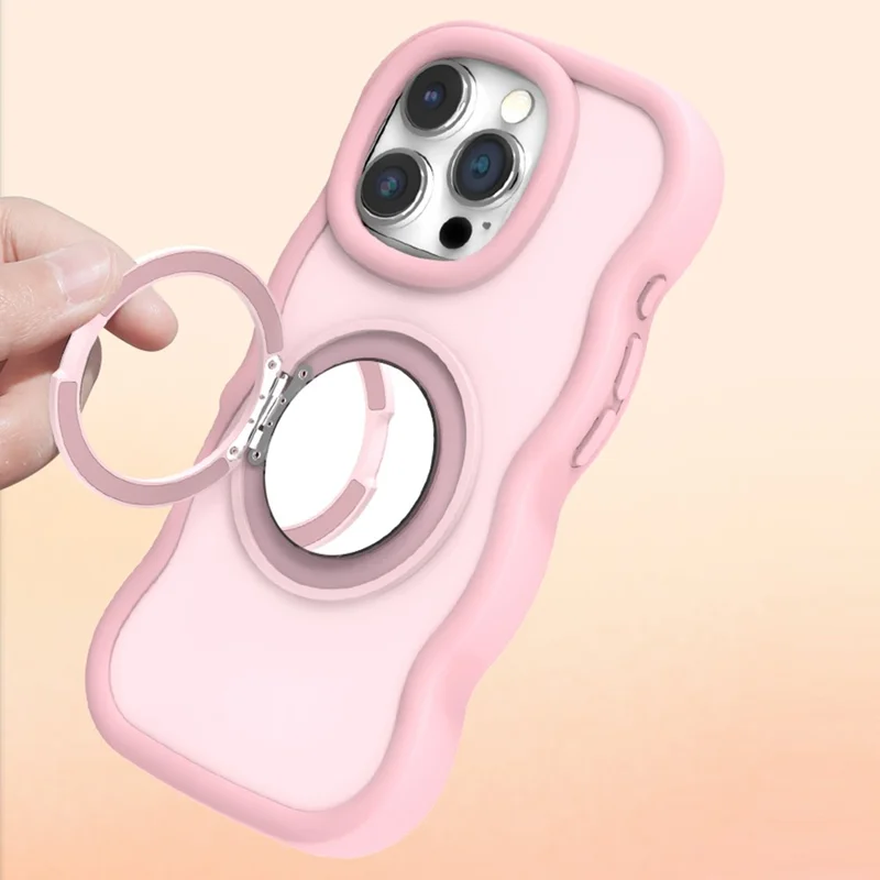 For iPhone 16 Pro Magnetic Case Wave Edge TPU + Acrylic Phone Cover with Mirror Kickstand - Pink