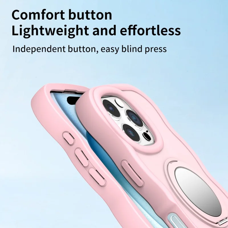 For iPhone 16 Pro Magnetic Case Wave Edge TPU + Acrylic Phone Cover with Mirror Kickstand - Pink