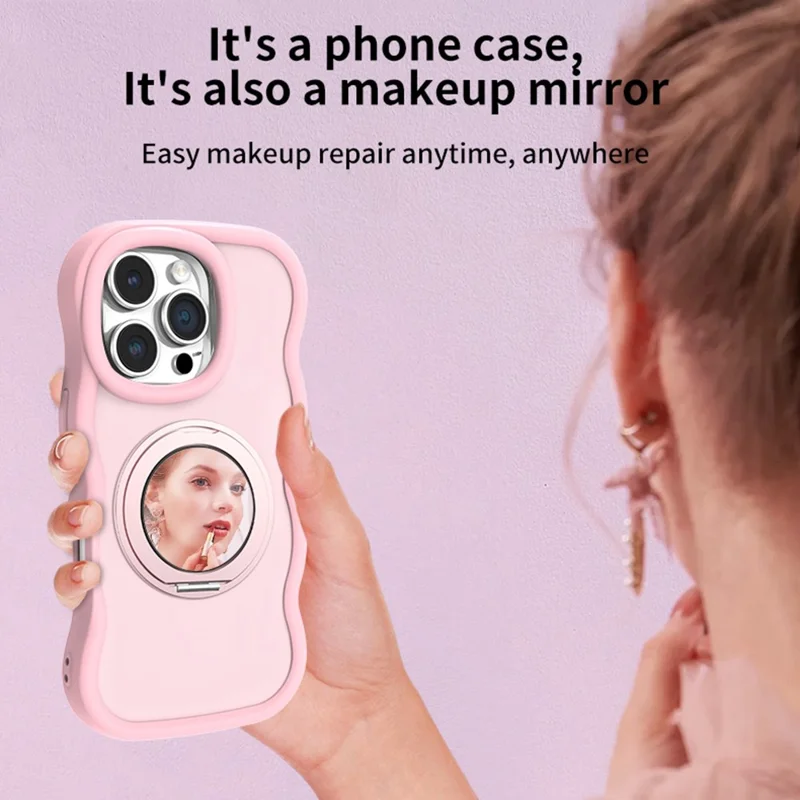 For iPhone 16 Pro Magnetic Case Wave Edge TPU + Acrylic Phone Cover with Mirror Kickstand - Pink