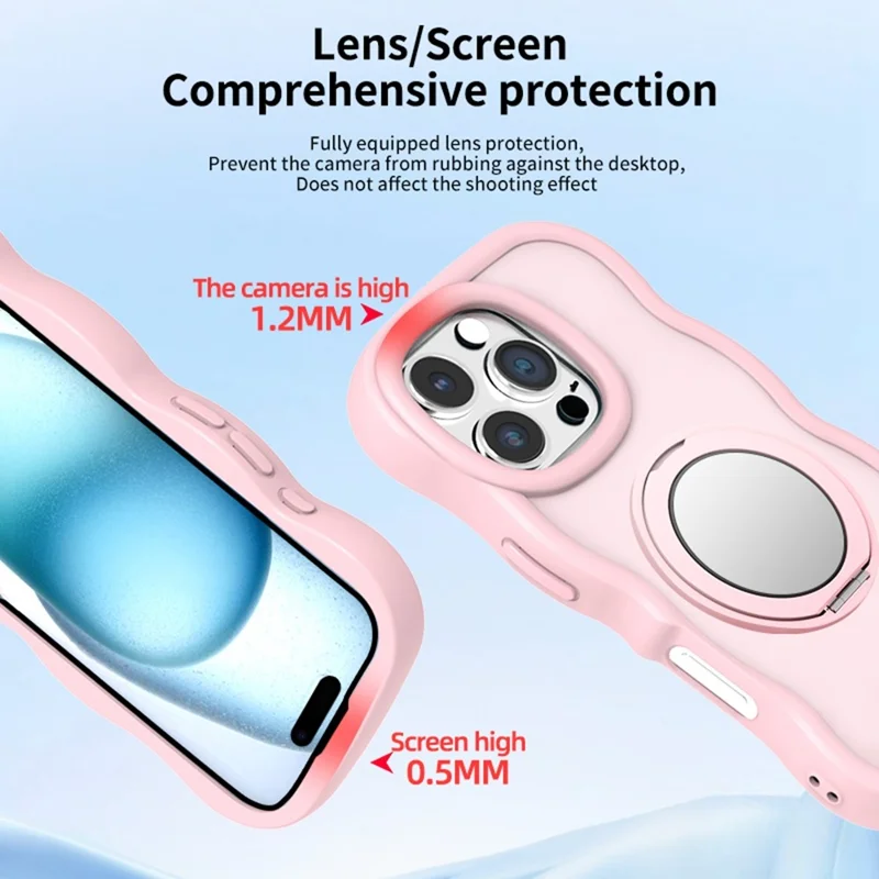 For iPhone 16 Pro Magnetic Case Wave Edge TPU + Acrylic Phone Cover with Mirror Kickstand - Pink