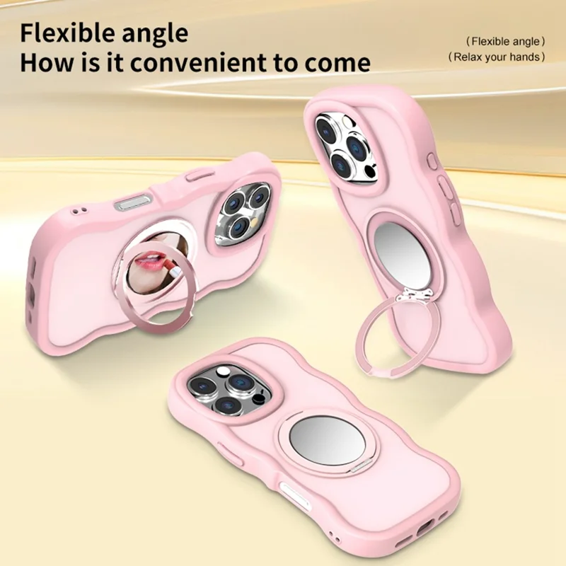 For iPhone 16 Pro Magnetic Case Wave Edge TPU + Acrylic Phone Cover with Mirror Kickstand - Pink