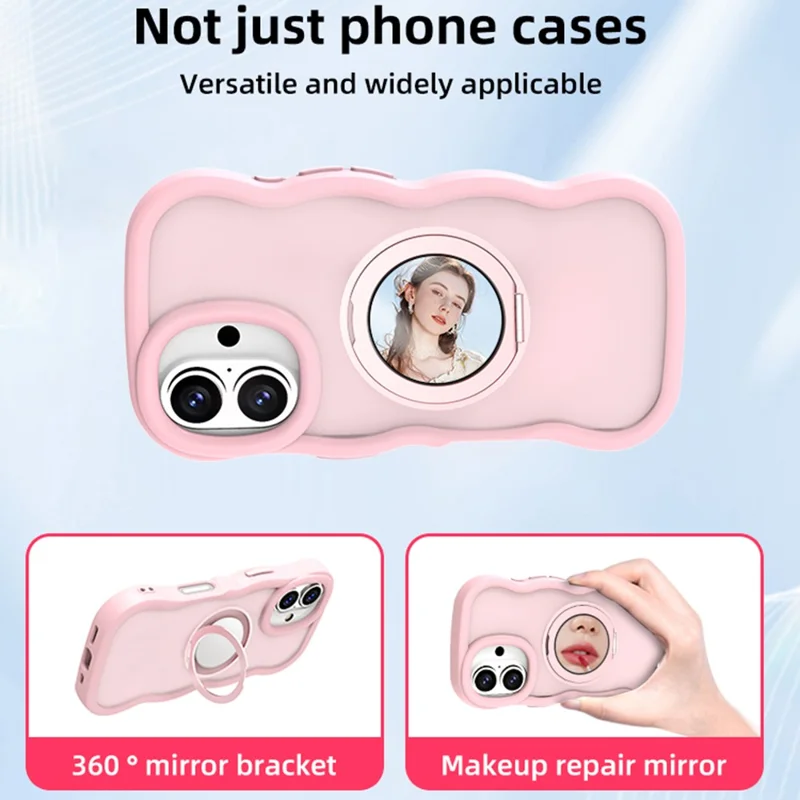 For iPhone 16 Plus Magnetic Case Wave Edge TPU + Acrylic Phone Cover with Mirror Kickstand - Pink