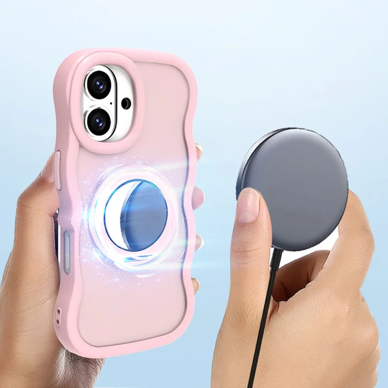 For iPhone 16 Plus Magnetic Case Wave Edge TPU + Acrylic Phone Cover with Mirror Kickstand - Pink