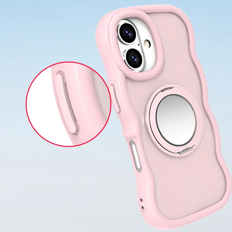 For iPhone 16 Plus Magnetic Case Wave Edge TPU + Acrylic Phone Cover with Mirror Kickstand - Pink