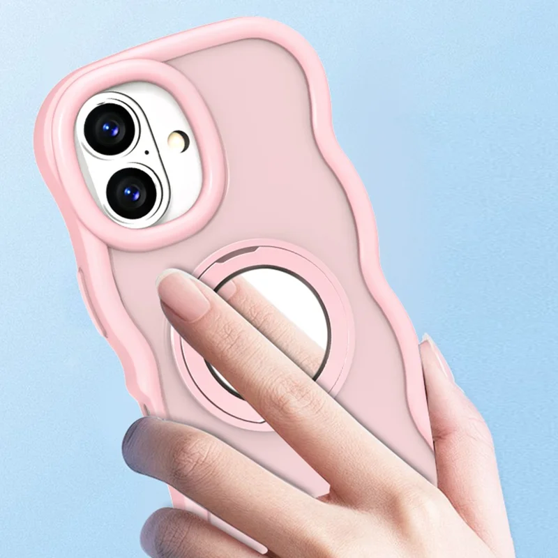 For iPhone 16 Plus Magnetic Case Wave Edge TPU + Acrylic Phone Cover with Mirror Kickstand - Pink