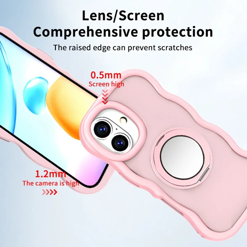 For iPhone 16 Plus Magnetic Case Wave Edge TPU + Acrylic Phone Cover with Mirror Kickstand - Pink