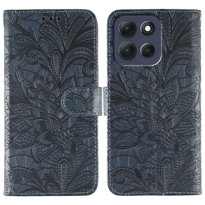 Étui portefeuille en cuir PU à rabat avec motif de dentelle pour Motorola Moto G86 5G - Bleu foncé