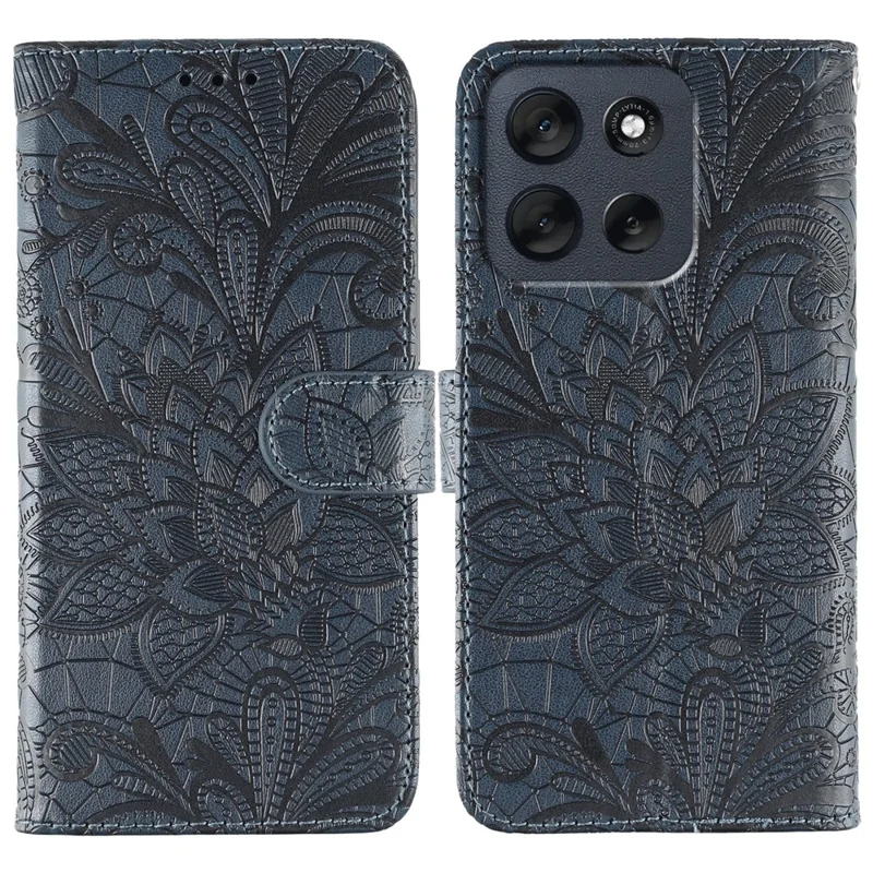 Pour Motorola Moto G56 5G Étui à Fleurs en Dentelle en Cuir PU Rabattable pour Portefeuille - Bleu Foncé