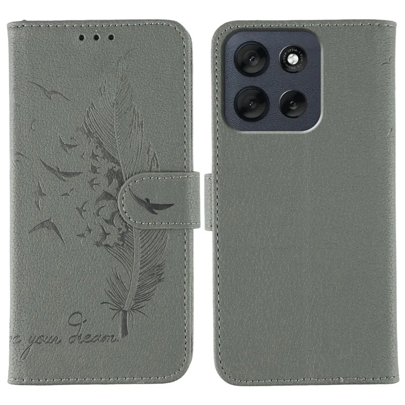 Pour Motorola Moto G56 5G Étui Empreinte de Plume en Cuir PU Housse de Téléphone Portefeuille - Gris