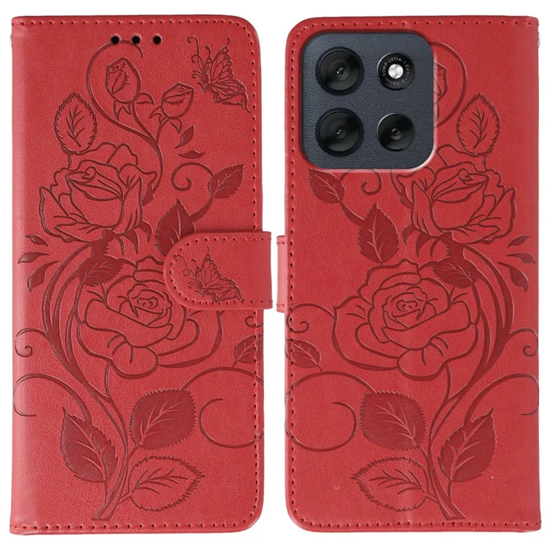 Étui portefeuille pour Motorola Moto G56 5G avec support, motif rose et papillon imprimé, en cuir PU - Rouge