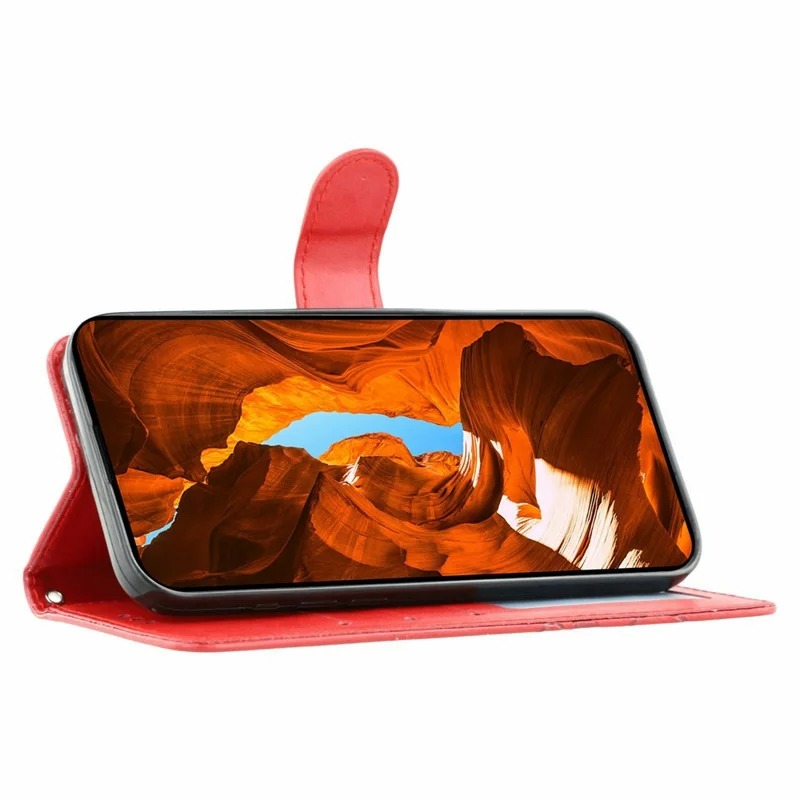 Étui portefeuille pour Motorola Moto G56 5G avec support, motif rose et papillon imprimé, en cuir PU - Rouge