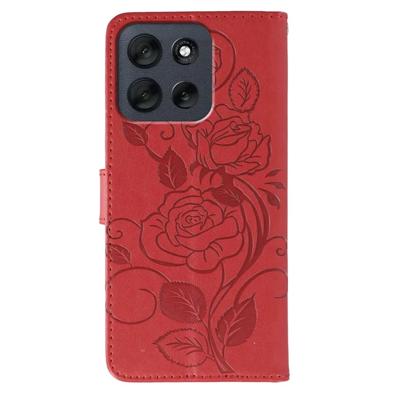 Étui portefeuille pour Motorola Moto G56 5G avec support, motif rose et papillon imprimé, en cuir PU - Rouge
