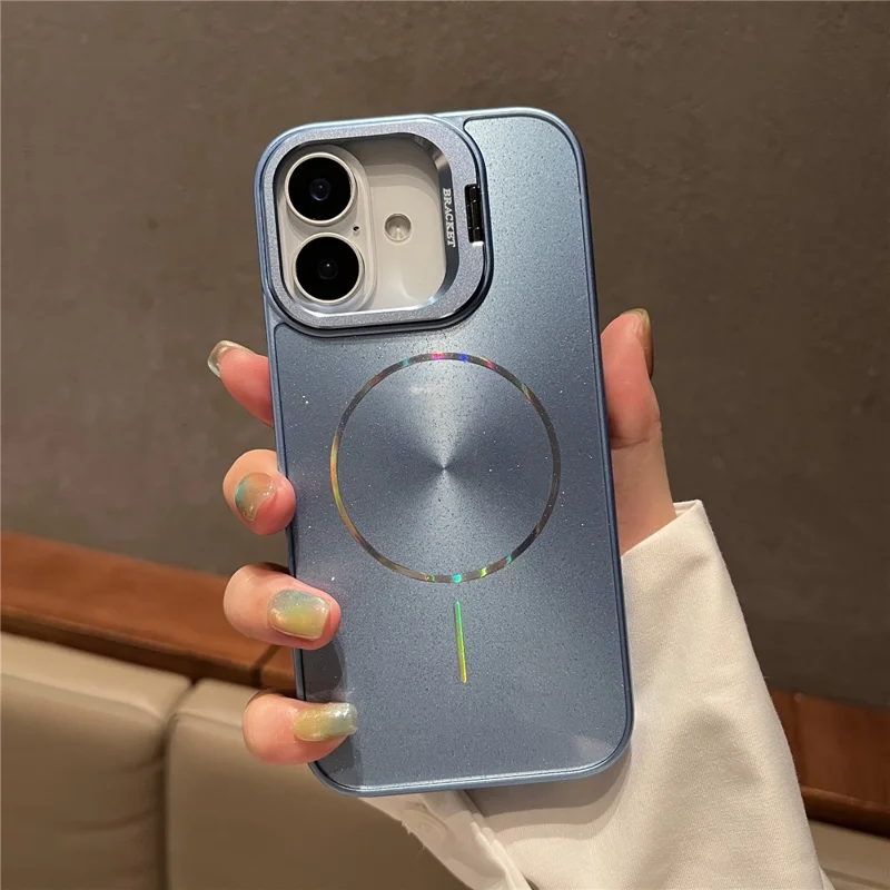 Étui pour iPhone 16 Compatible avec MagSafe Glitter Étoilé Coque de Téléphone en PC avec Cadre d'Objectif et Support - Bleu