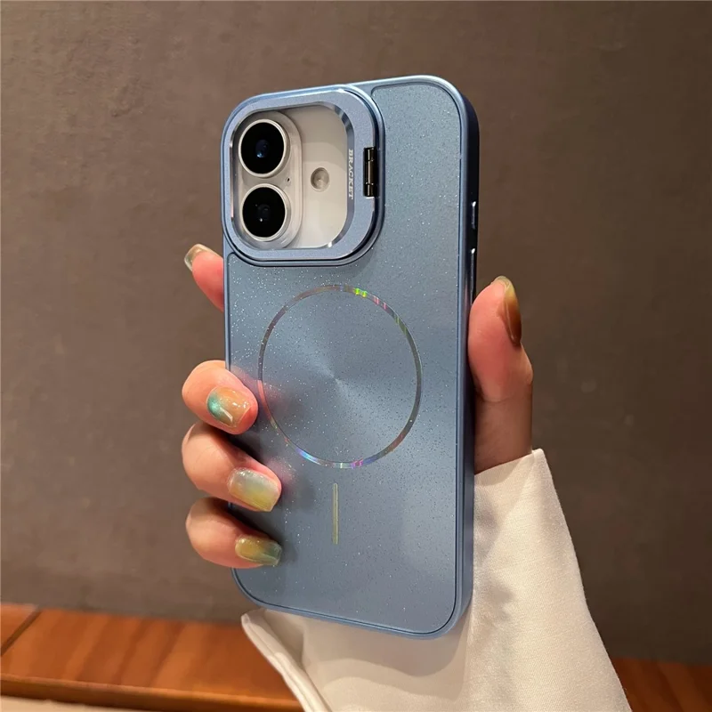 Étui pour iPhone 16 Compatible avec MagSafe Glitter Étoilé Coque de Téléphone en PC avec Cadre d'Objectif et Support - Bleu