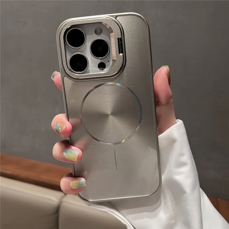 Étui pour iPhone 16 Pro Compatible avec MagSafe Paillettes Étoilées Coque de Téléphone en PC avec Cadre d'Objectif et Support - Gris