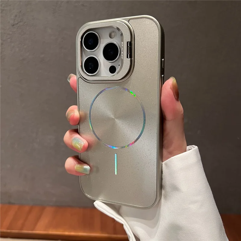 Étui pour iPhone 16 Pro Compatible avec MagSafe Paillettes Étoilées Coque de Téléphone en PC avec Cadre d'Objectif et Support - Gris