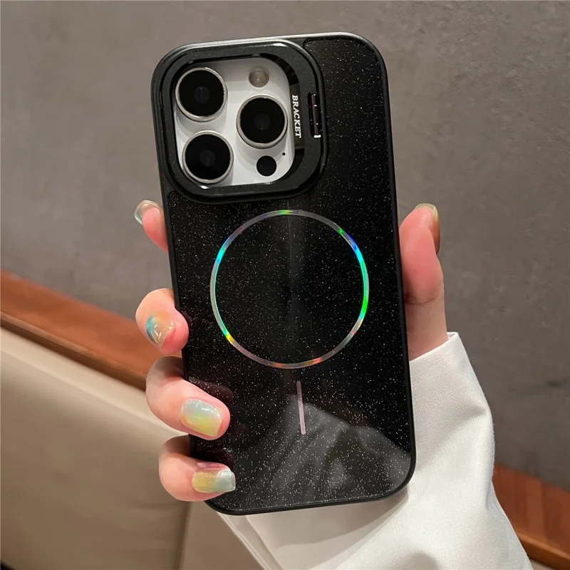 Étui pour iPhone 16 Pro Max Compatible avec MagSafe Glitter Étoilé Coque de Téléphone en PC avec Cadre d'Objectif et Support - Noir