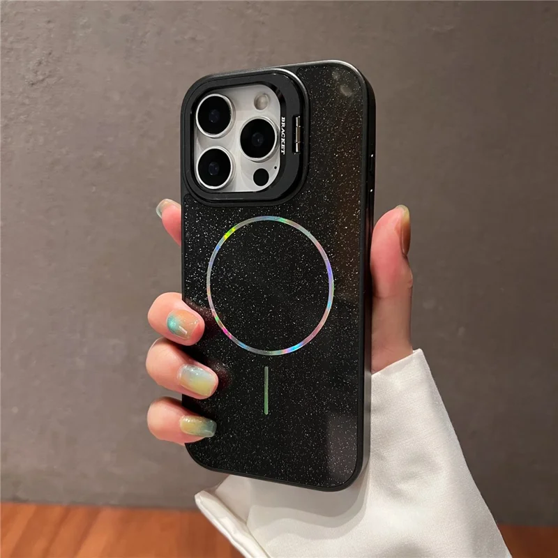 Étui pour iPhone 16 Pro Max Compatible avec MagSafe Glitter Étoilé Coque de Téléphone en PC avec Cadre d'Objectif et Support - Noir