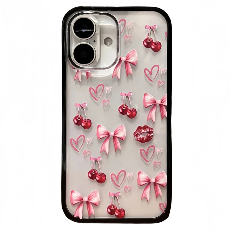 Capa para iPhone 16 Padrão de Laço de Cereja TPU + Capa de Telefone Acrílico - Pequenas Cerejas