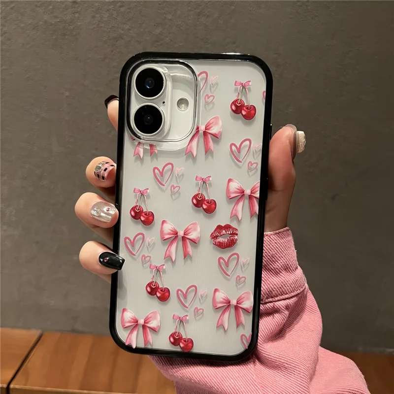 Capa para iPhone 16 Padrão de Laço de Cereja TPU + Capa de Telefone Acrílico - Pequenas Cerejas
