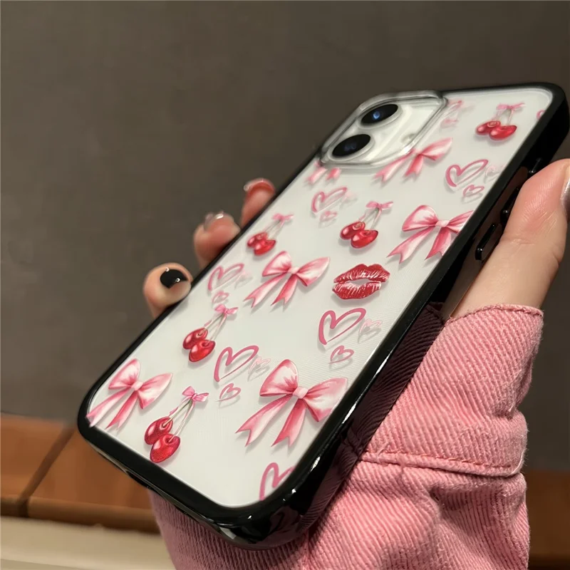 Capa para iPhone 16 Padrão de Laço de Cereja TPU + Capa de Telefone Acrílico - Pequenas Cerejas