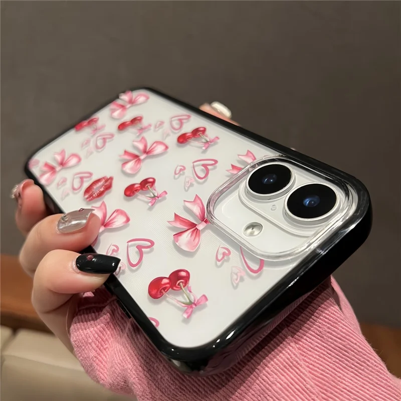 Capa para iPhone 16 Padrão de Laço de Cereja TPU + Capa de Telefone Acrílico - Pequenas Cerejas