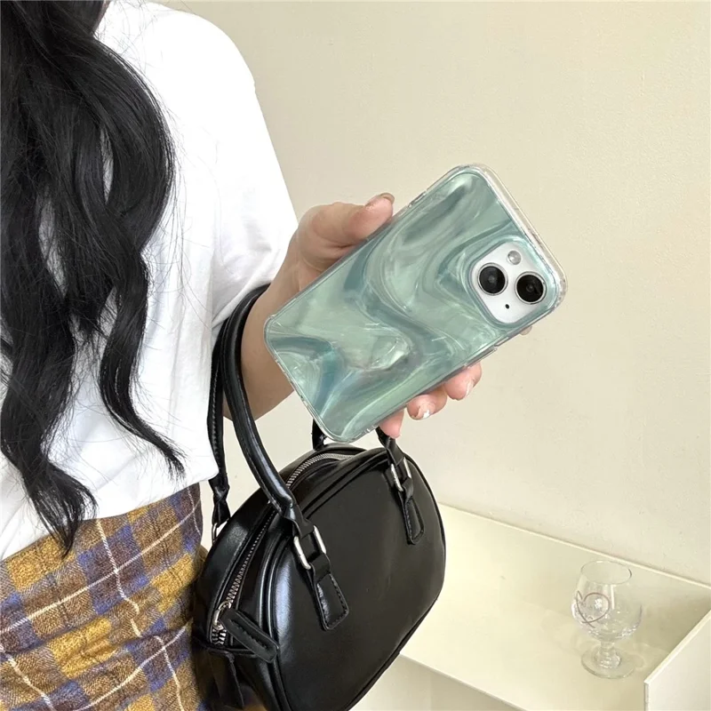 For iPhone 15 Case Satin Swirl Texture Double-Sided IMD TPU Phone Cover - Green