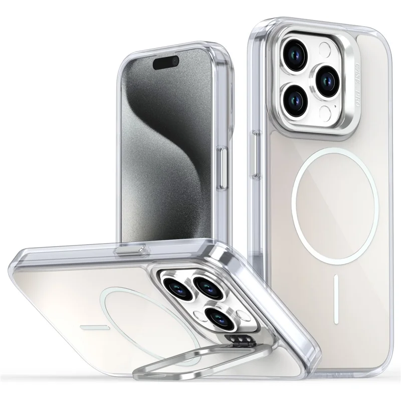Coque pour iPhone 15 Pro Compatible avec MagSafe TPU + Coque de Téléphone Acrylique Dégradée avec Support - Blanc