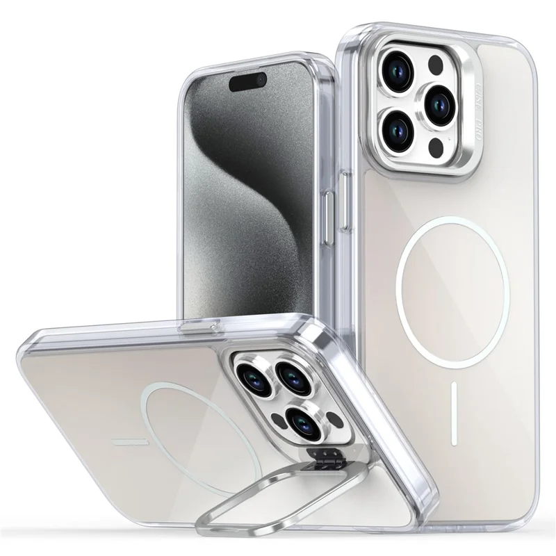 Coque pour iPhone 15 Pro Max Compatible avec MagSafe TPU + Acrylique Dégradé avec Support de Téléphone - Blanc