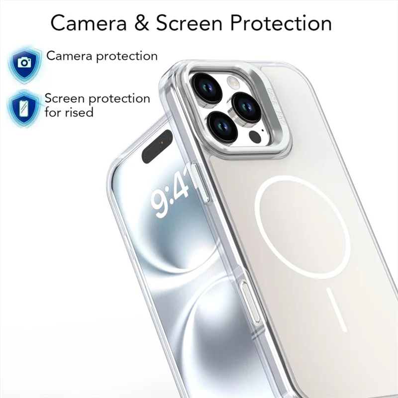 Étui pour iPhone 16 Pro Max Compatible avec MagSafe TPU + Coque de téléphone en Acrylique avec Cadre d'Objectif et Support - Blanc