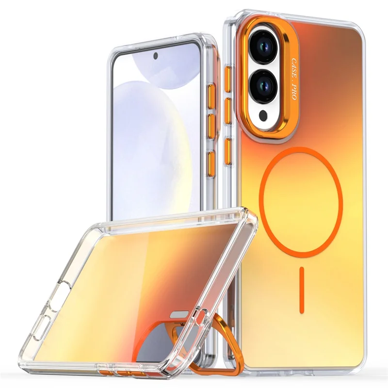 Étui pour Samsung Galaxy S25 Edge Compatible avec MagSafe TPU + Coque de téléphone acrylique dégradée avec support - Orange