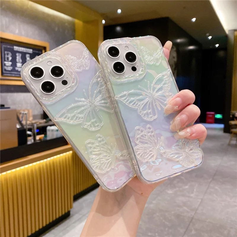 Capa para iPhone 15 Pro Max Design de Borboleta 3D a Laser Antichoque Capa de Telefone TPU