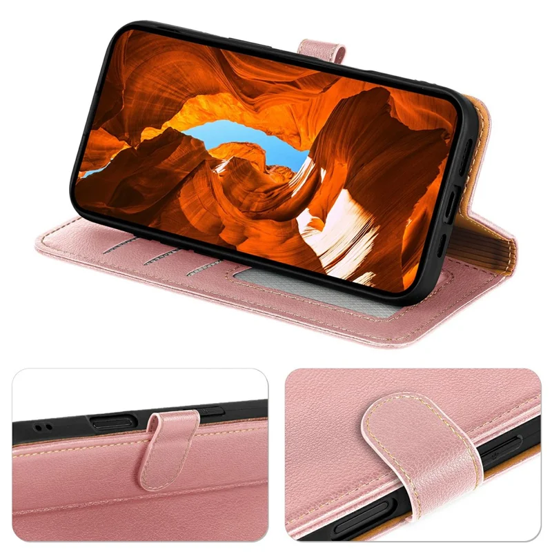 For Oppo Reno14 F 5G Case RFID Blocking Wallet Litchi Texture Leather Phone Cover Magnetic Clasp - Rose Gold