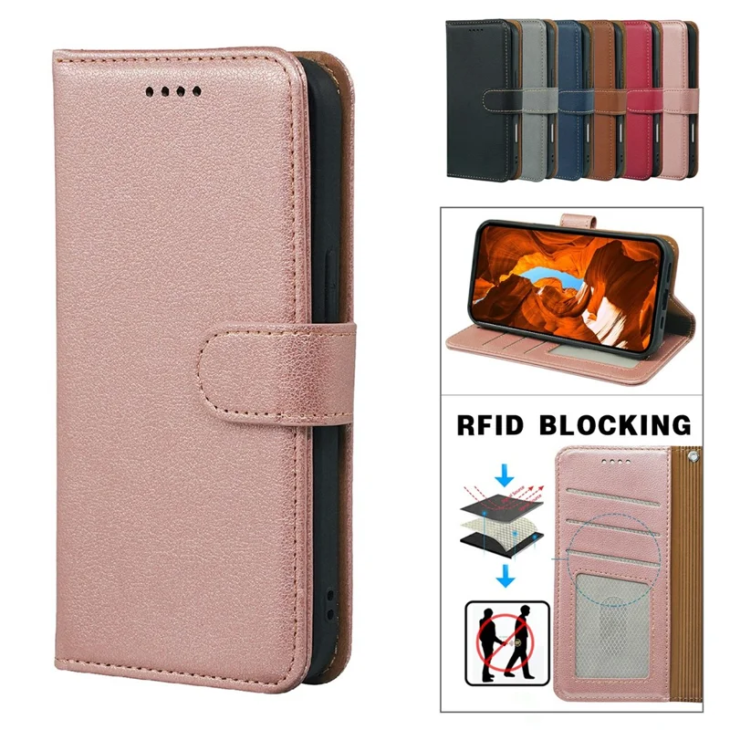 For Oppo Reno14 F 5G Case RFID Blocking Wallet Litchi Texture Leather Phone Cover Magnetic Clasp - Rose Gold