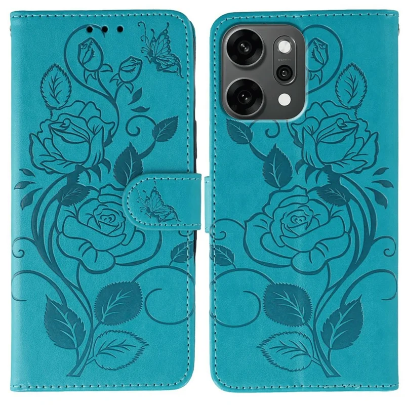 Pour Oppo Reno14 Pro 5G (Global) Étui Portefeuille Support avec Impression Rose Papillon en Cuir PU - Bleu