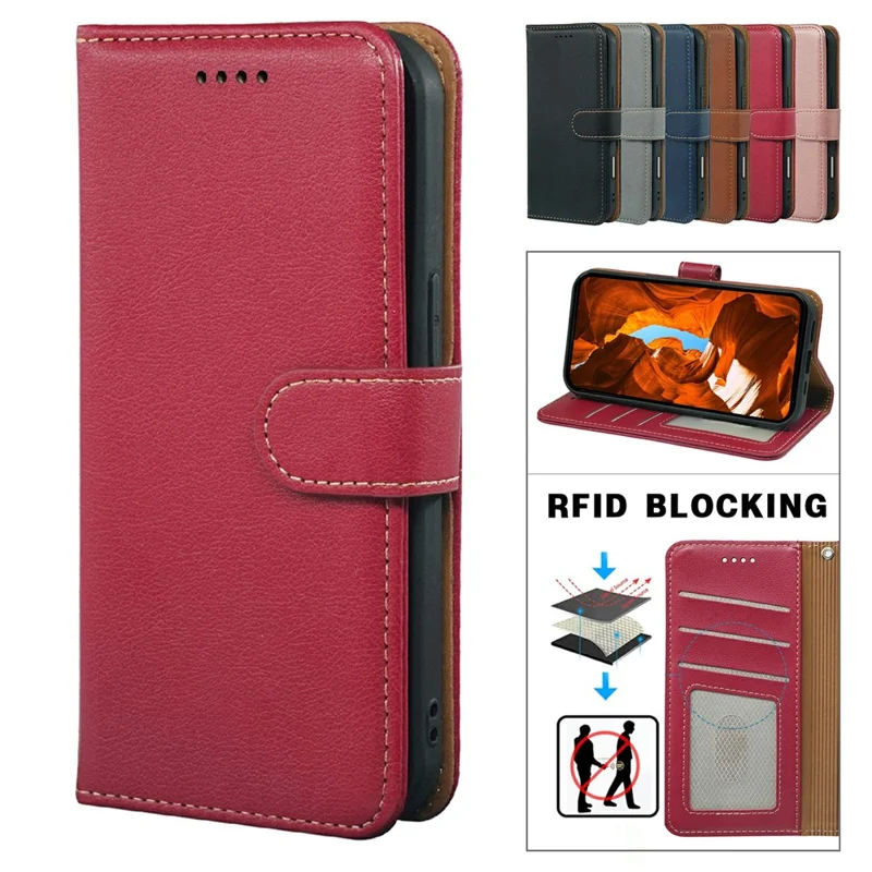 For Xiaomi Poco F7 5G / Redmi Turbo 4 Pro 5G Case RFID Blocking Wallet Litchi Texture Leather Phone Cover Magnetic Clasp - Red