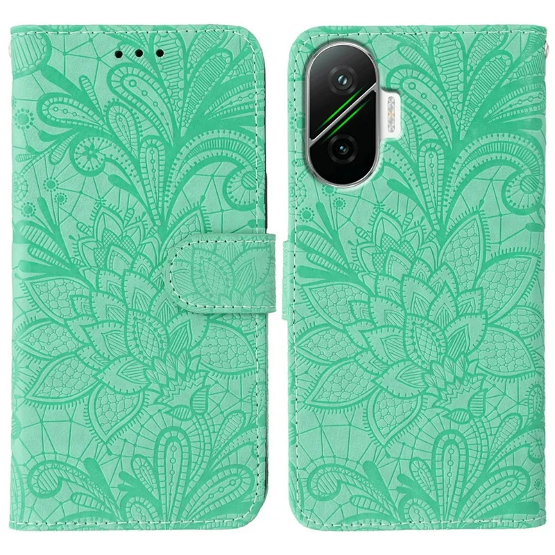 Funda de Cuero PU con Flores de Encaje Tipo Cartera para Xiaomi Poco F7 5G / Redmi Turbo 4 Pro 5G - Verde