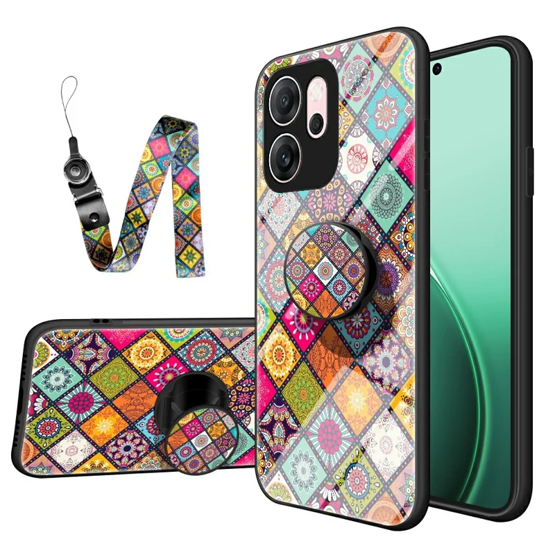 Für Oppo Reno14 F 5G Hülle mit Ständer Ethnisches Muster Gehärtetes Glas Handyhülle mit Gurt - Farbmuster