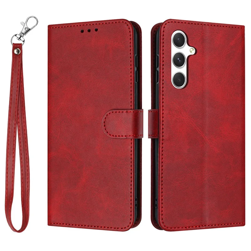 For Samsung Galaxy S25 FE Case Flip Stand Calf Texture PU Leather Wallet Phone Cover with Strap - Red