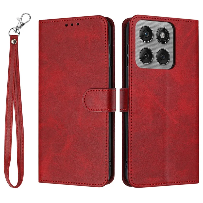 For Motorola Edge 60 Pro 5G Case Flip Stand Calf Texture PU Leather Wallet Phone Cover with Strap - Red