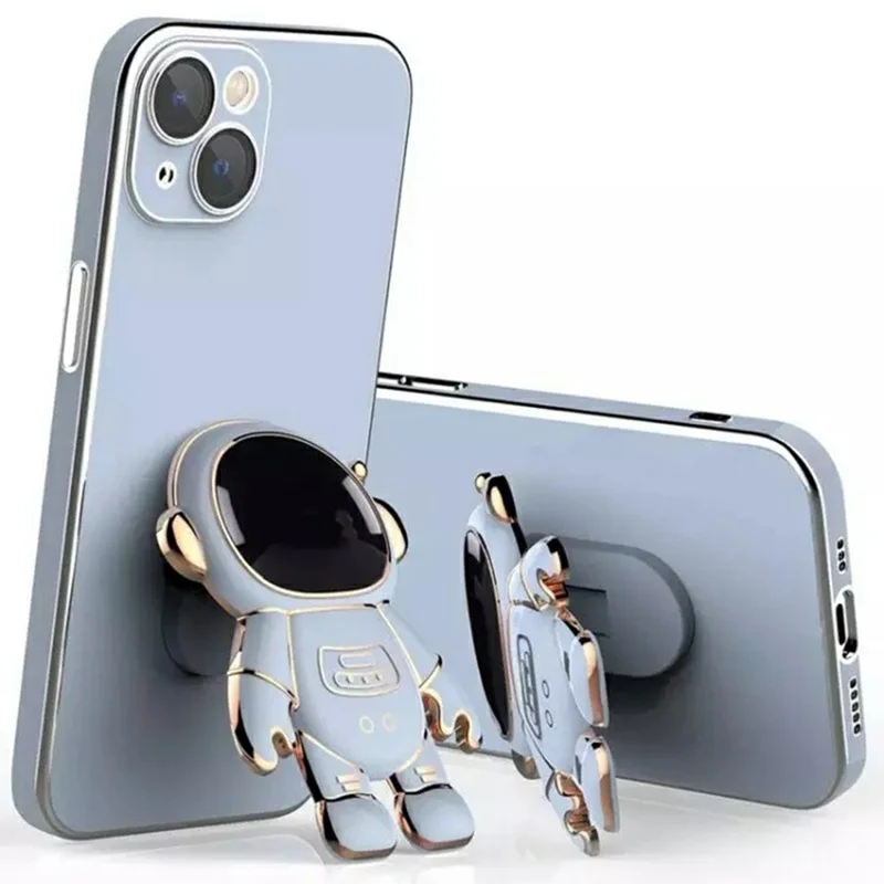 Funda para iPhone 14 con Recubrimiento Electrolítico de TPU Suave con Soporte Oculto de Astronauta - Azul