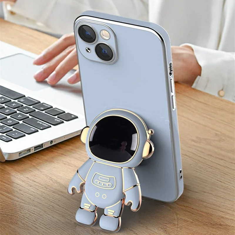 Funda para iPhone 14 con Recubrimiento Electrolítico de TPU Suave con Soporte Oculto de Astronauta - Azul