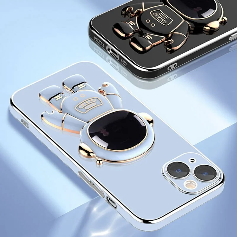 Funda para iPhone 14 con Recubrimiento Electrolítico de TPU Suave con Soporte Oculto de Astronauta - Azul