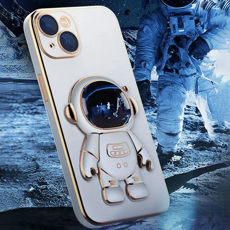 For iPhone 15 Case Electroplating Soft TPU Phone Cover Astronaut Hidden Kickstand - Black