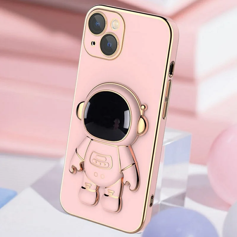 For iPhone 15 Case Electroplating Soft TPU Phone Cover Astronaut Hidden Kickstand - Black