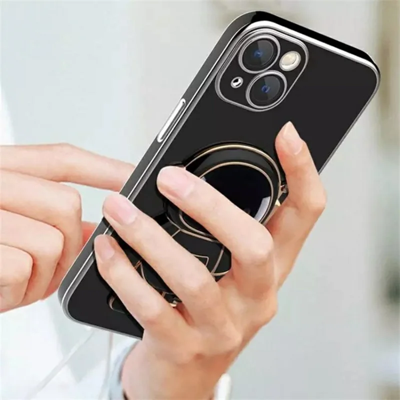 For iPhone 15 Case Electroplating Soft TPU Phone Cover Astronaut Hidden Kickstand - Black
