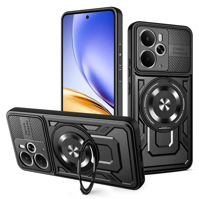 For Realme 14 5G Magnetic Case Rotating Kickstand TPU + PC Phone Cover - Black