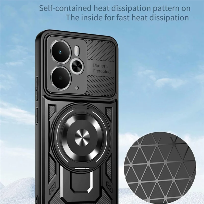 For Realme 14 5G Magnetic Case Rotating Kickstand TPU + PC Phone Cover - Black